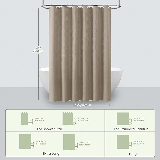 Inhousolu Fabric Shower Curtain Waffle Weave, 230 GSM Heavy Duty, Weighted Hem, 12 Metal Hooks, Water Repellent, Machine Washable, Hotel Spa Luxury Bath Curtain Set, 60 x 72 Inch, Beige