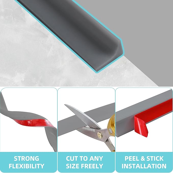 Shower Threshold Water Dam,Walk in Shower Water Guard, Shower Dam Water Barrier Bathroom Sink Splash for Dry And Wet Separation Caulk Seal Strip Edge Trim (39Inch, Gray)
