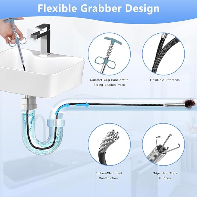 Drain Snake 61 Inch Flexible Claw Grabber Tool with 4 Claws Bendable Hose - Flexible Grabber Claw Pick Up Reacher Tool for Clogged Drains Opener Cleaning