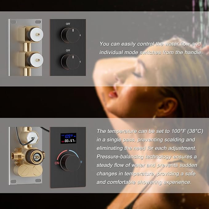 Temperature Display Oil Rubbed Bronze Shower System, Push Button Shower Faucet with Handheld Spray, Ceiling Mount 12 Inch and 8 Inch Wall Mount Shower Head, 6 PCS Body Jet