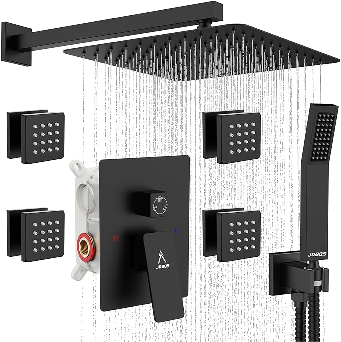 Shower System 12IN Modern Rain Brass Faucet Set With Valve and Diverter Shower Mixer With Handheld High Pressure Square Rainfall Shower Valve (12'' Wall Mount 4 Body Jet, Matte Black)
