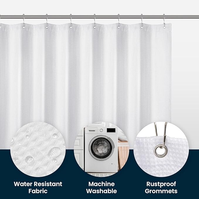 LiBa Waffle Weave Fabric White Shower Curtain, 72 W x 72 H Water Repellent & Heavyweight, Hotel Quality & Cloth Linen Shower Curtains Set and for Bathroom