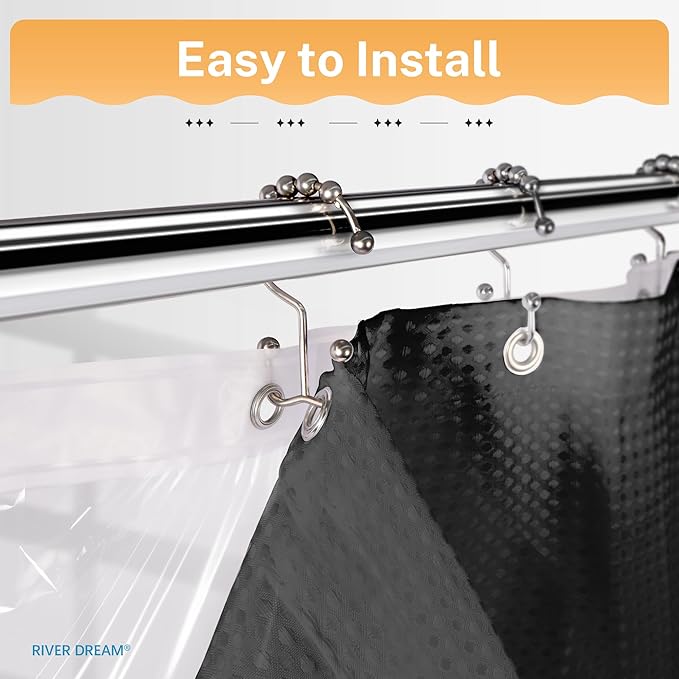 River Dream 3 in 1 Shower Curtain Set, Stall Waffle Fabric Shower Curtain and Waterproof Clear Liner Set with Double Sided Metal Hooks, Black, 36" W*72" H