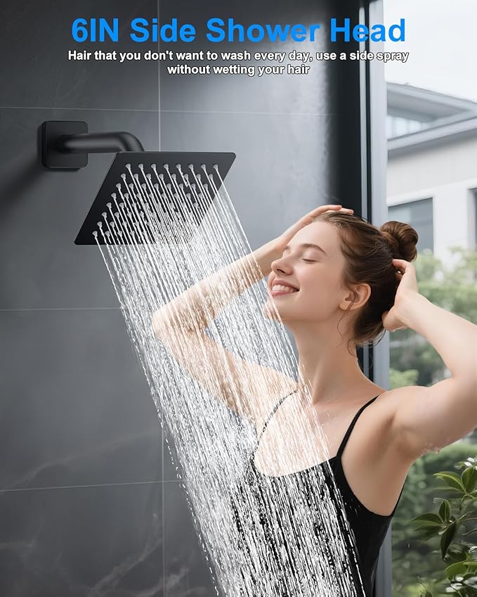 Shower System with Pressure Balance Valve, 12" Ceiling Mount Shower Faucet Set with 2 Rain Shower Head And Multi-function Handheld Head Push Button Diverter Pressure Balancing Valve Kit, Matte Black