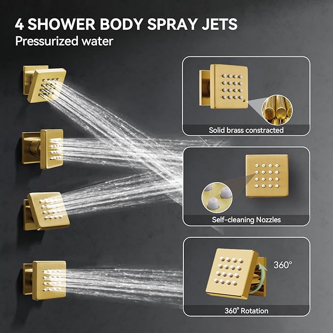 Brushed Gold Shower System with Body Jets, Bostingner 4 Way Shower Faucet Set with 2 in1 Handheld,Ceiling Mount 10 Inch Shower Head with 6 Inch Shower Head,4Pcs Body Jets With Dual Head Shower Set