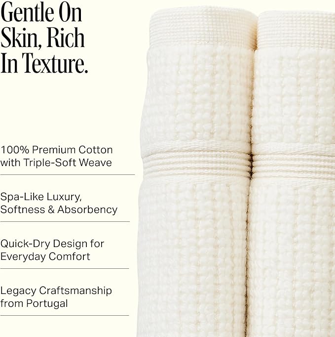 Preston Lane Douro Washcloth Set – 2 Pack Luxury Cotton Towels, Ultra Soft & Absorbent, Quick-Dry Spa-Quality Bathroom Towels, Made in Portugal, Alabaster