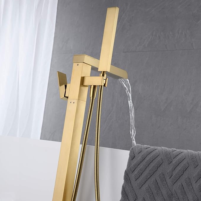 Freestanding Bathtub Faucet Brushed Gold Waterfall Tub Filler Floor Mount Brass Single Handle Bathroom Faucets with Hand Shower