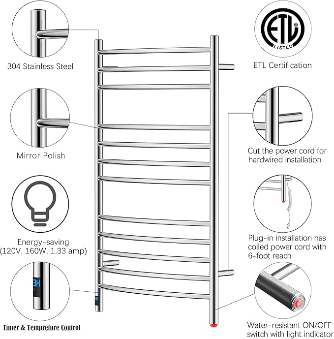 HEATGENE Electric Towel Warmer with Built-in Timer & Temperature Control, Wall-Mounted 12-Bar Large Towel Rack, Plug-in/Hardwired Heated Towel Rail for Bathroom - Mirror Polish