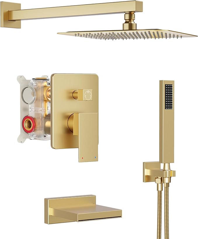 Gold Tub Shower System, All Metal Tub Shower Faucet Set with 12" Rain Shower Head and Handheld Spray combo, Wall Mounted Shower Systems with Tub Spout, Valve and Trim Kit, Brushed Gold