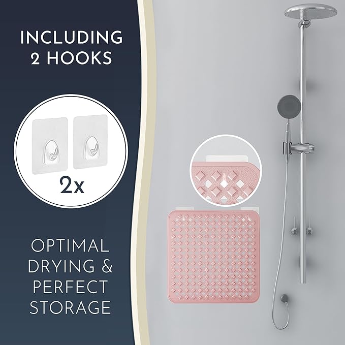 homerella® Shower Mat Non Slip Anti Mold, Non Slip Shower Mats for Inside Shower Stall Anti Slip Mat, Square Shower Floor Mat 21 x 21 in with Suction Cups & Hooks for Quick Drying, Machine Washable