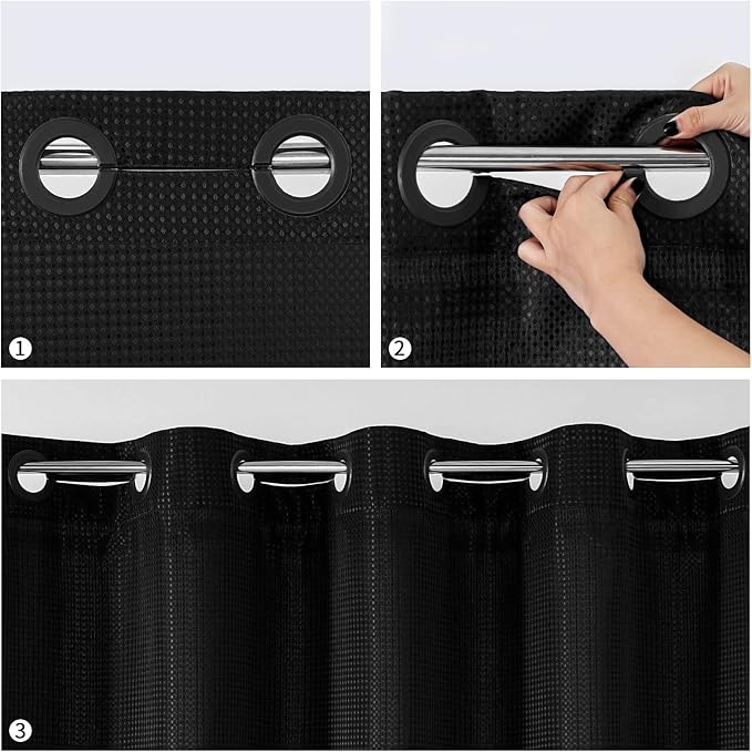 MitoVilla Black Waffle Long Shower Curtain Liner Set 72 x 80, No Hooks Needed 80 inch Long Heavyweight Fabric Shower Curtain Set with Snap-in Liner for Hotel Grade Spa-Like Bathroom Decor