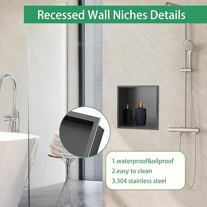 SaniteModar Shower Niche, Stainless Steel Shower Niche 12" X 12" No Tile Needed, Recessed for Bathroom Storage, Gray (Gray, 12x12)