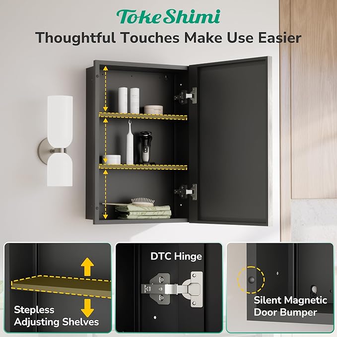 TokeShimi 12x36 Recessed Medicine Cabinet with Mirror Surface Mount, Bathroom Beveled Mirror with Storage Adjustable, Aluminum Framed Metal Brushed Nickel Medicine Cabinet Mirrored