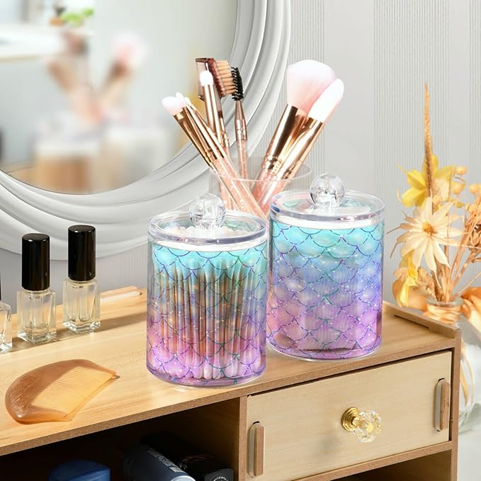 MNSRUU 4 Pack Qtip Holder Organizer Dispenser Pink Blue Mermaid Scales Bathroom Containers Bathroom Vanity Storage Canister Apothecary Jars for Cotton Swabs/Pads/Floss