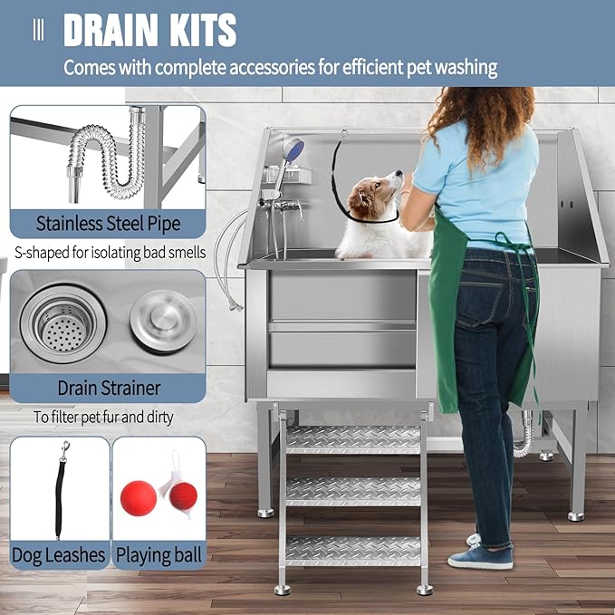 Dog Washing Station Large Dogs Grooming Tub Professional Stainless Steel Dog Bathtubs Bathing Tub Pet Washing Station For Home With Steps