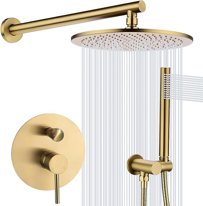 TRUSTMI 12-Inch Brushed Gold Shower System, Brass Wall Mounted Rainfall Shower Set (Contain Concealed Pressure Balance Rough-in Valve Body and Trim)