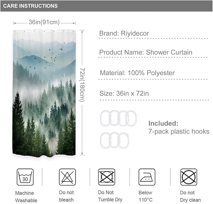 Riyidecor Small Stall Mountain Shower Curtain 36Wx72H Inch Green Rv Single Rustic Foggy Misty Nature Pine Tree Scenery Woodland Mens Bathroom Decor Fabric Polyester Waterproof 7 Pack Hooks