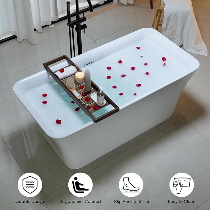 Empava 59" Freestanding Luxury Acrylic Soaking SPA Tub Modern Stand Alone Bathtubs Model 59FT1511, White