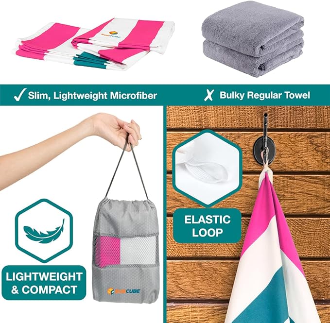 SUN CUBE Microfiber Beach Towel, Quick Dry Sand Free Beach Towel, Lightweight, Compact for Travel Swim Sports Camping, Packable Sand Resistant Towel Adult - Pink 78x35 Inches