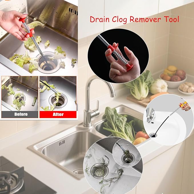 2-Pack Drain Snake & Clog Remover Tool (35'' & 79'') - Gutter Cleaning Tools Flexible Plumbing Auger Tool with Hair Grabber Claw for Shower, Sink, Toilet, Bathtub, Kitchen Pipe Cleaning