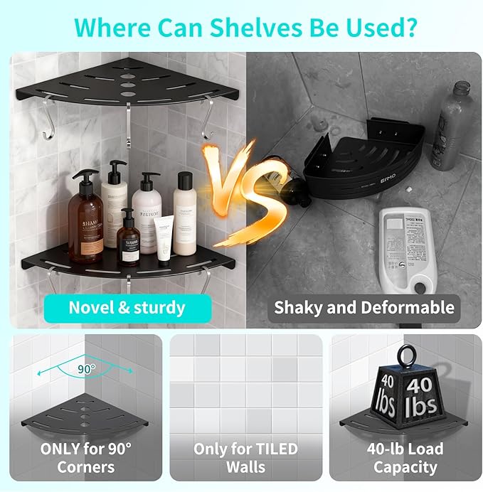 Shower Corner Shelf 304 Stainless Steel Shower Caddy 2 Tier Shower Organizer Niche with Extra 6 Hangers Shelves 40 lbs Large Capacity Shower Shelf for Inside Anti-Rust Drilling Installation(Black)
