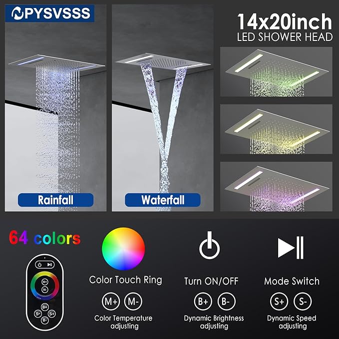 Dual Rain Shower Head Thermostatic Luxury Spa Shower System And Ceiling Mount 14x20 Inch LED 4 Functions with 6 Inch Wall Head Shower Faucet Set,Brushed Nickel