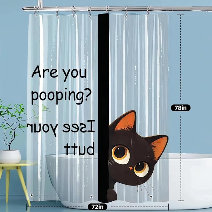 Clear Cute Funny Black Cat Shower Curtain Liner, Are You Pooping Shower Curtain, Fun Anime Cat Shower Curtains for Bathroom, 72x78 Plastic Cool Summer Shower Curtain Set with Weighted Magnets 12 Hooks