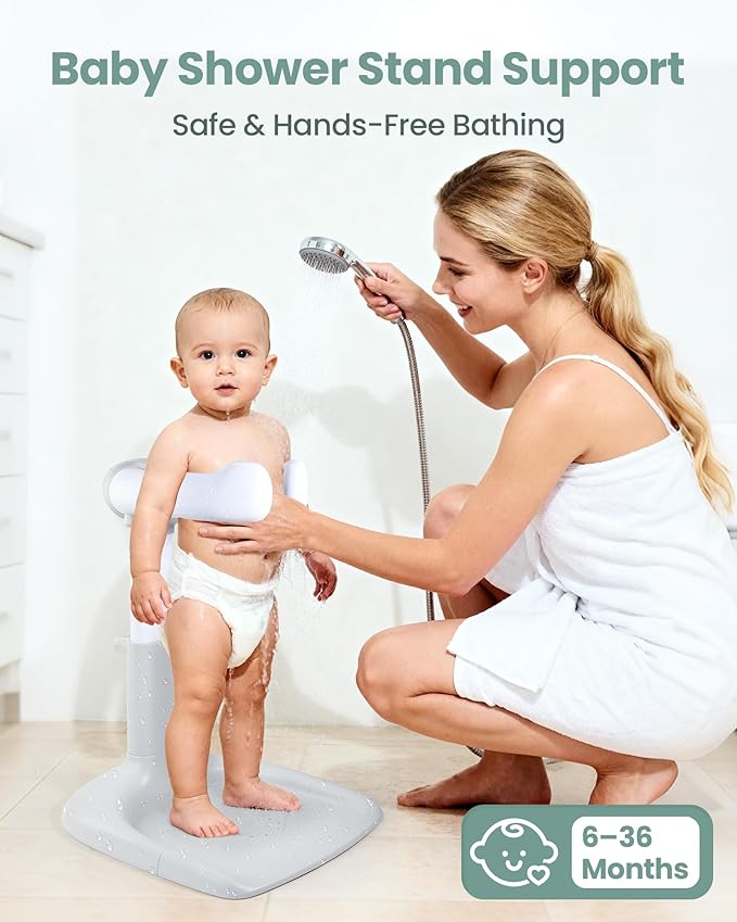 Baby Shower Stand for Infant to Toddler 6–36 Months, Baby Bath Stand Support with Adjustable Height, Anti-Slip Stable Design, Multi-Purpose Toddler Bath Helper, Infant Shower Gifts, Gray