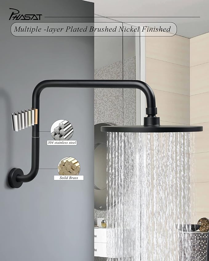 PHASAT Black Shower Head Arm,S Shaped Shower Arm with Flange,High Rise Shower Head Extension Matte Black,Shower arm Extension,PU9H01-M