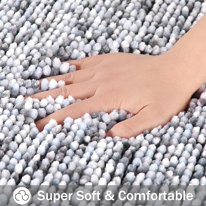Yimobra Luxury Chenille U-Shaped Toilet Rug, Super Soft Shaggy Contour Bath Mat for Bathroom Floor, Fluffy, Water Absorbent, Non Slip, Machine Washable, Dry Quickly, 24''x 20'', Light Grey & Dark Grey