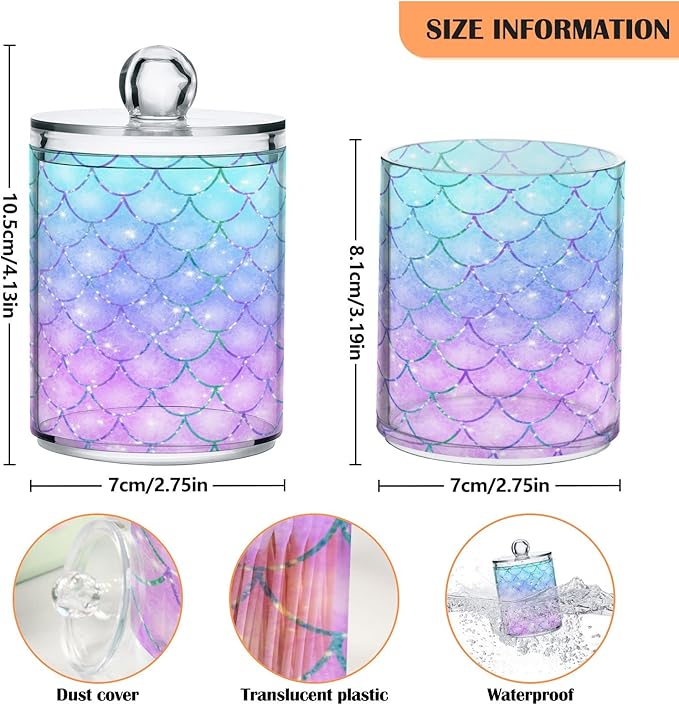 MNSRUU 2 Pack Qtip Holder Organizer Dispenser Pink Blue Mermaid Scales Bathroom Storage Canister Cotton Ball Holder Bathroom Containers for Cotton Swabs/Pads/Floss
