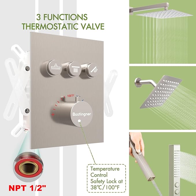 Thermostatic Shower System Wall Mounted, 12 inch Dual Shower Faucet Set with 8 inches Wall Mounted Shower Head, Push Button Diverter 3 Function Shower Head System with 2 in 1 Shower Handheld