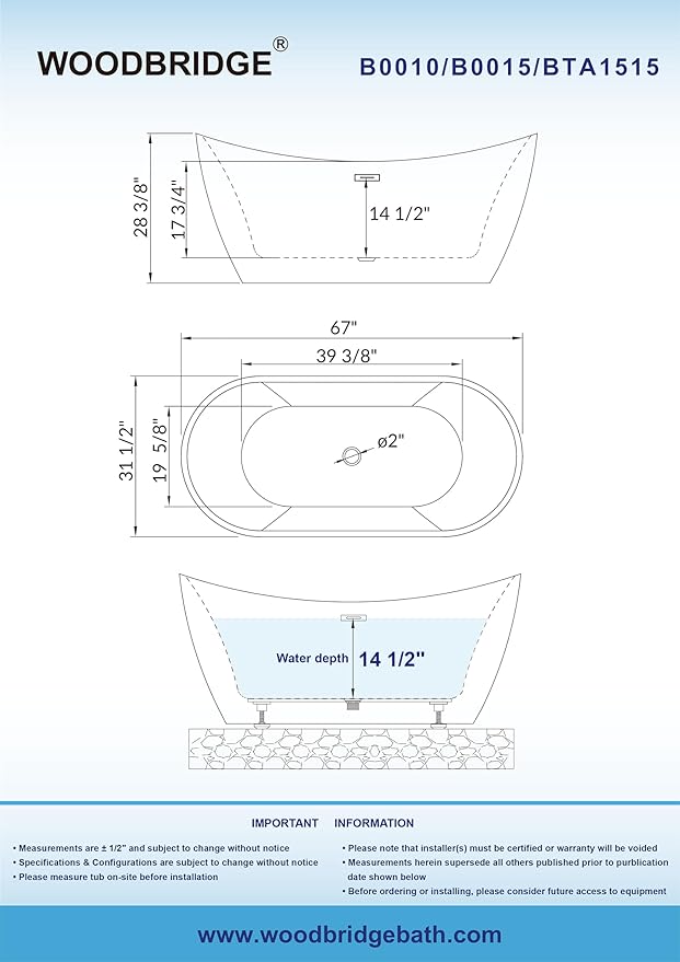 WOODBRIDGE 67" Acrylic Freestanding Bathtub Contemporary Soaking Tub with Brushed Nickel Overflow and Drain,Black,B1815-BN