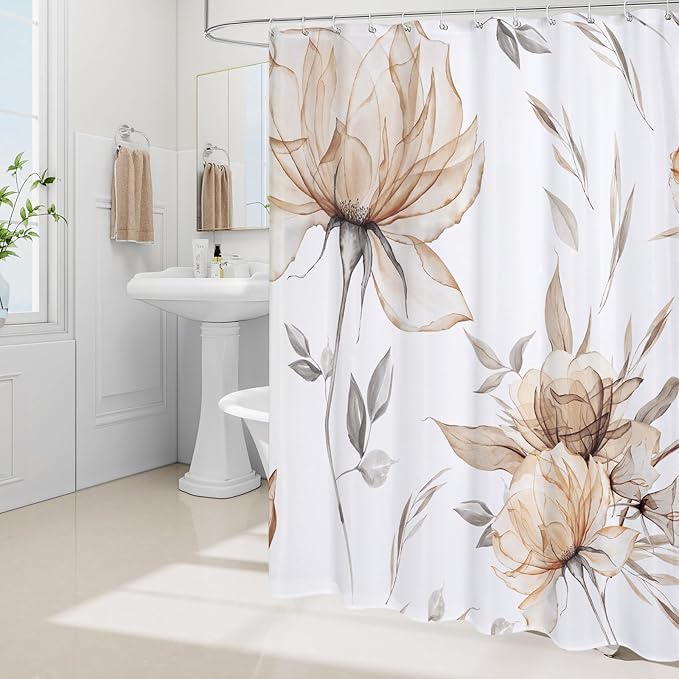 Long Boho Watercolor Floral Shower Curtain 72 x 78, Light Brown and Grey Ink Painting Style Flower Shower Curtains for Chic Elegant Bathroom, Artistic Tan 78 Inch Long Fabric Shower Curtain