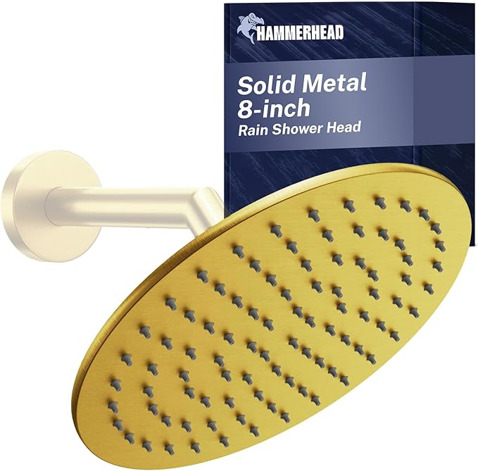HammerHead Showers Solid Metal Round 8 Inch Rainfall Shower Head, High Flow Shower Head Optimized for Pressure, Brushed Gold, 2.5 GPM