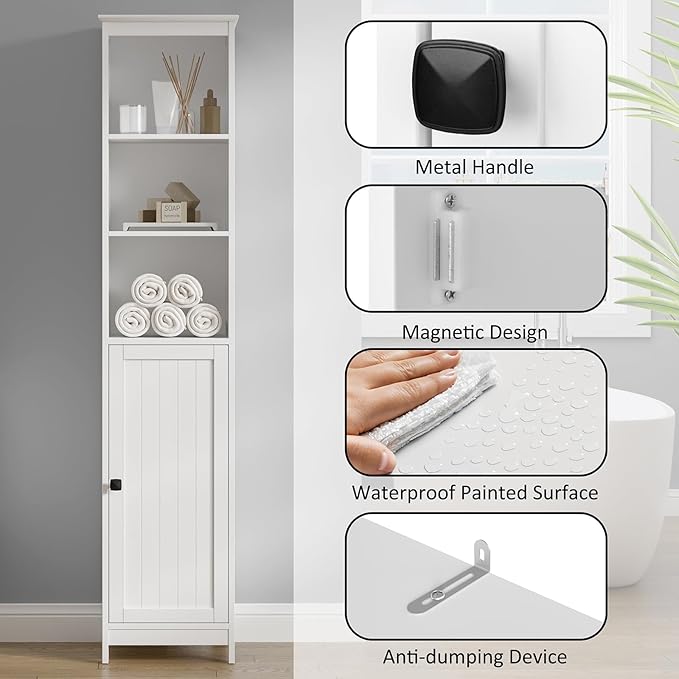 RRX Tall Bathroom Storage Cabinet,Slim Cabinet with Door &Shelf,13.8" L*12.6" W*63.4" H,Freestanding Narrow Cabinet with Anti-Tip,Storage for Kitchen,Entryway (Pure White)