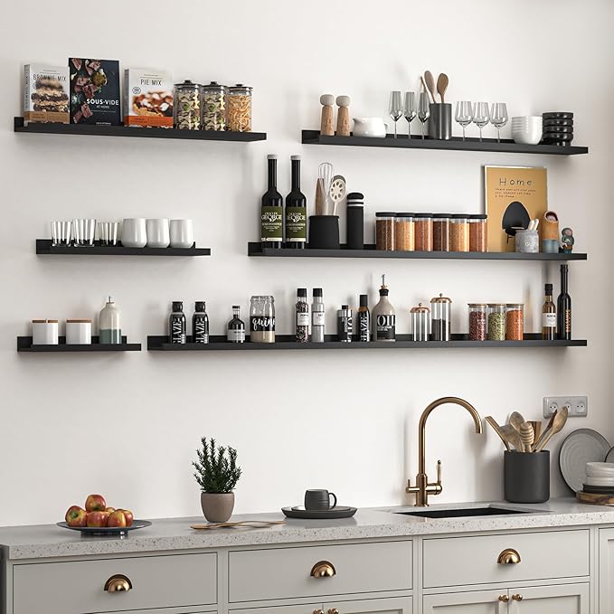 Heimlove Picture Ledge Shelf, Floating Shelves Set of 2, 24 Inches Picture Shelf for Wall with Ledge, Kids Bookshelf Wall Mounted for Living Room Bedroom Decor Books Photo Frames - Black