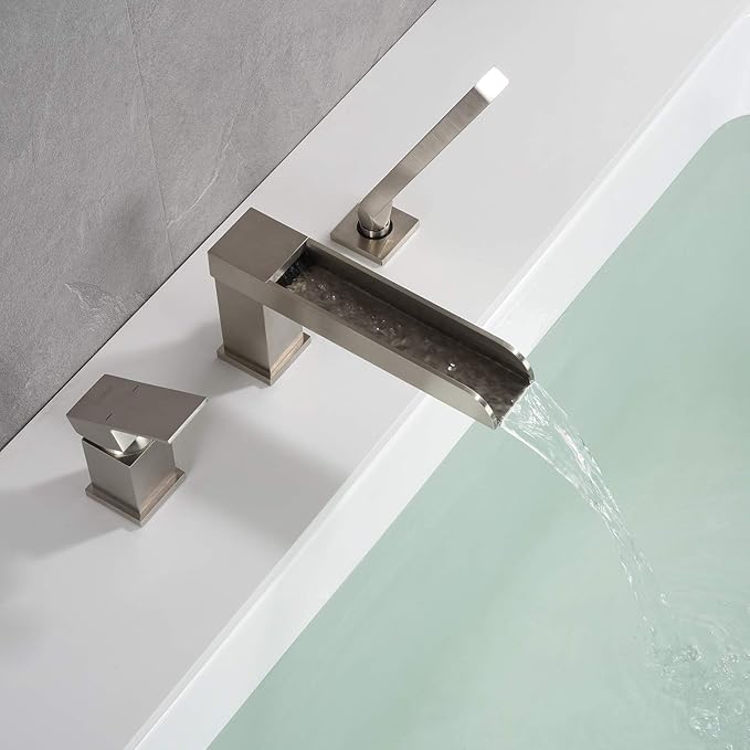 Waterfall Roman Tub Faucets Deck Mount Brushed Nickel Bathtub Faucets Brass Tub Filler Bathroom Faucets with Hand Shower