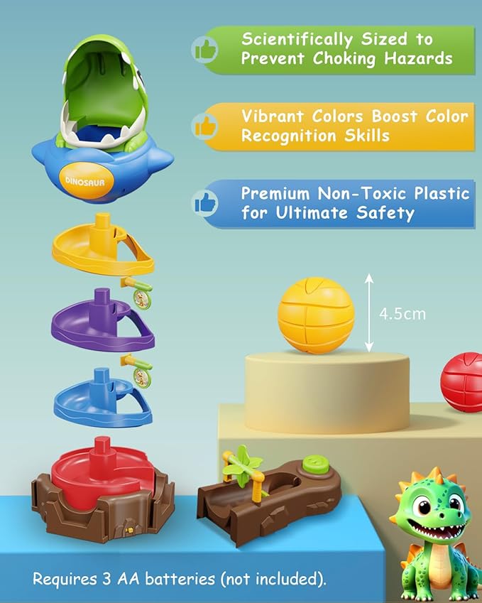 Dinosaur Ball Drop Tower for 3 4 5 6 7 8 Years Old Kids, Dino Spin Twister Toddlers Toy, Shoot Balls Toddler Montessori Toys Gifts for 3-6 Year Old Boys Girls, 2 Single Player Mode
