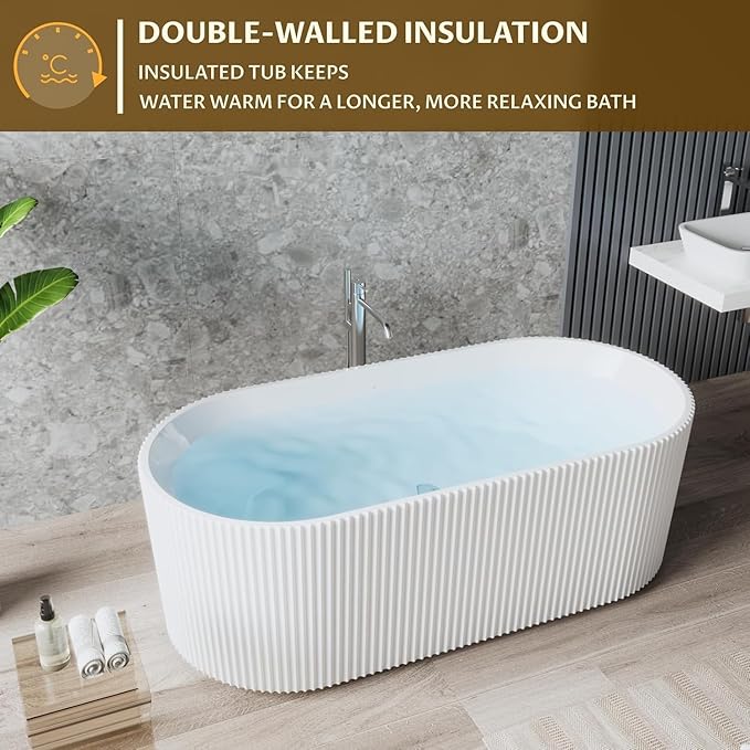 67" Free Standing Tub, Acrylic Soaking Bathtub, Stand Alone Freestanding Tub with Matte Sliver Drain and Overflow, Contemporary Bathtub for Bathroom, Pleated Gloss White