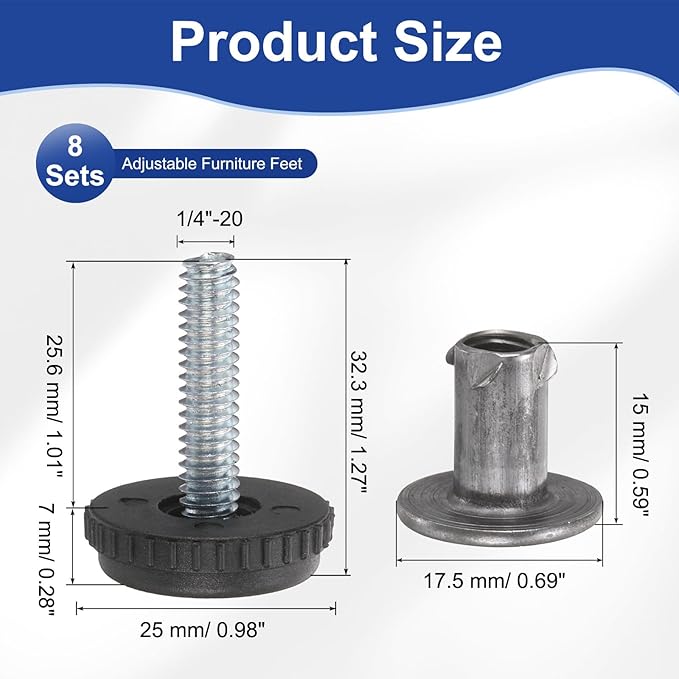 uxcell 1/4"-20 Thread Furniture Feet Levelers, 8Set 25.6mm L Adjustable Furniture Feet Screw in Threaded Leveling Leg Screw on Chair Foot Glides Leveling for Table Chair Cabinet Black