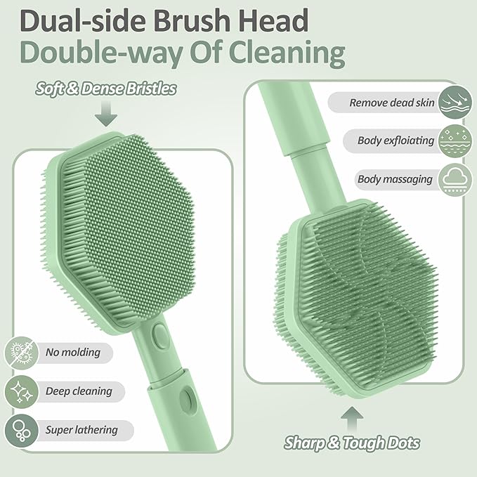 Silicone Back Scrubber for Shower, 16''-21''Extendable Shower Back Scrubber with Dual-Side Large Brush Head, 3-Length Back Brush Bath Brush with Strong Handle & Rich Foaming Bristles(Green)