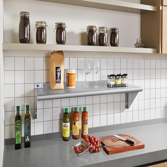 Profeeshaw NSF Stainless Steel Shelf 14” x 48”, 350 lb Commercial Shelves Wall Mounted Metal Shelving with Backsplash and 2 Brackets for Restaurant, Bar, Utility Room, Kitchen and Garage