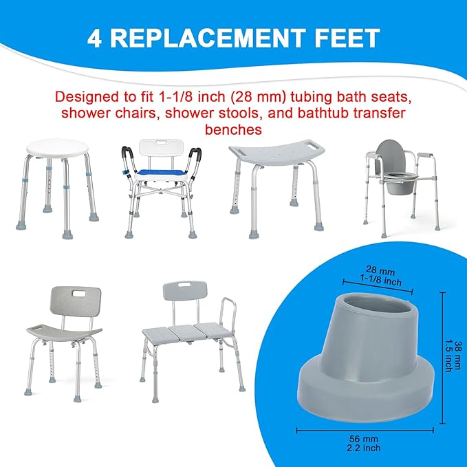 supregear Shower Chair Leg Caps - Heavy Duty Replacement Feet for Shower Chair Bath Seat, 1-1/8" I.D. Slope Rubber Tips for Shower Stools Transfer Bench Non-Slip Extreme Grip Suction Cup Feet, 4PK