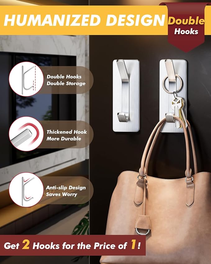 Auxmir Self Adhesive Hooks for Hanging 15lb, Stainless Steel Wall Hooks for Coat and Towel, Waterproof Oilproof Rustproof Adehesive Door Hanger for Bathroom Shower Kitchen Office RV, Silver, 5 Pack