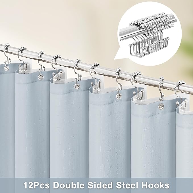 MitoVilla 3 in 1 Shower Curtain Set, FogBlue Boho Farmhouse Linen Textured Bath Curtain and Clear PEVA Liner Set with 12 Double Sided Steel Hooks, Waterproof Fabric Hotel Bathroom Curtain - 72x72