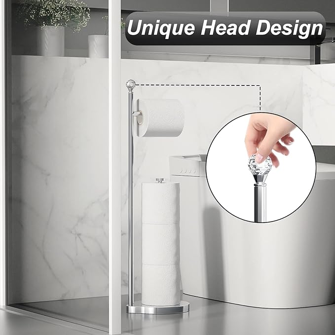 Toilet Paper Holder for Bathroom, Heavy Weighted Metal Free Standing Toilet Paper Storage with Crystal Ball, Toilet Paper Stand for Bathroom Accessories, Polished Chrome [Holds MEGA Rolls]