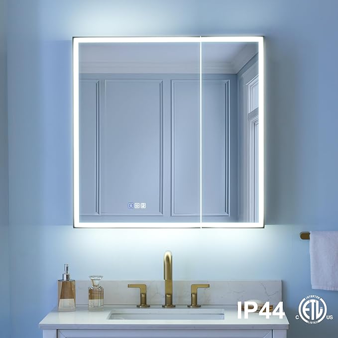 WELLFOR 30" X 30" LED Mirrored Medicine Cabinet, Medicine Cabinets with Lights for Bathroom, Defogging Function Mirror Cabinet, Bathroom Medicine Cabinet with USB Port & Outlet, Double Doors