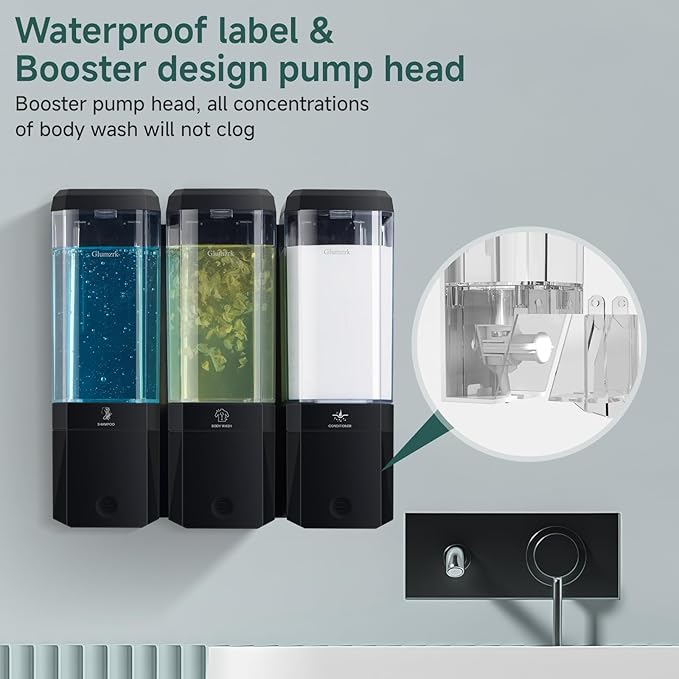 Shampoo and Conditioner Dispenser Wall Mounted No Drill, Shower Soap Dispenser 3 Chamber Shampoo Conditioner Body Wash Refillable 3 * 17oz Shower Soap Dispenser for Bathroom Hotel, Black+Clear