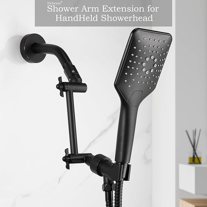 6 Inch Adjustable Shower Head Extension Arm, All-Metal Shower Arm Extender with Locking Set Screw for Rainfall, Fixed, Handheld Showerheads, G1/2 Universal Thread, Easy Installation, Matte Black